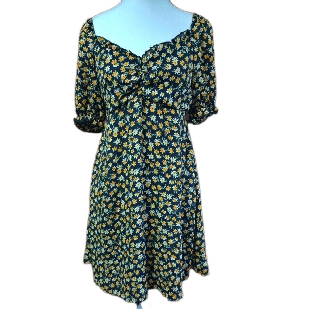 Dream Of Me Floral Sunflower Dress Sz L Puff Sleeves Babydoll Cottage Prairie